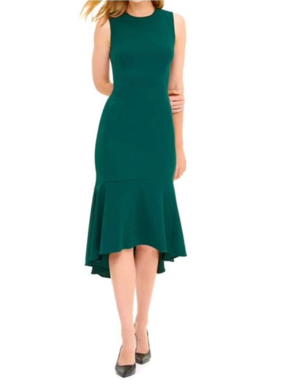 Calvin Klein Sleeveless Forest Green Flounce-Hem Dress